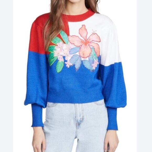 FARM RIO Floral Knit Sweater Women Medium Red White Blue Crew Balloon Colorblock - Picture 1 of 16